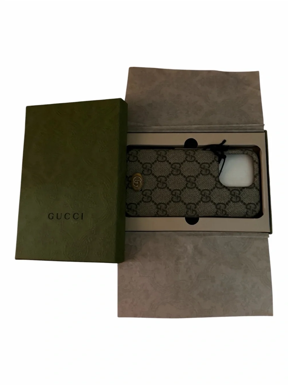 Gucci Beige Monogram GG Canvas iPhone Case with Gold Logo fits 13 Pro or 16 Pro